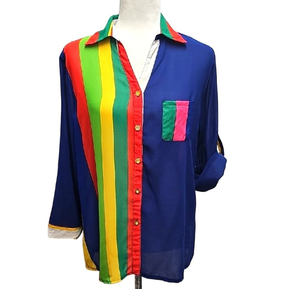 Xception Women Colorful Striped Semi-Sheer Button-Up Gathered Back Blouse Size L
